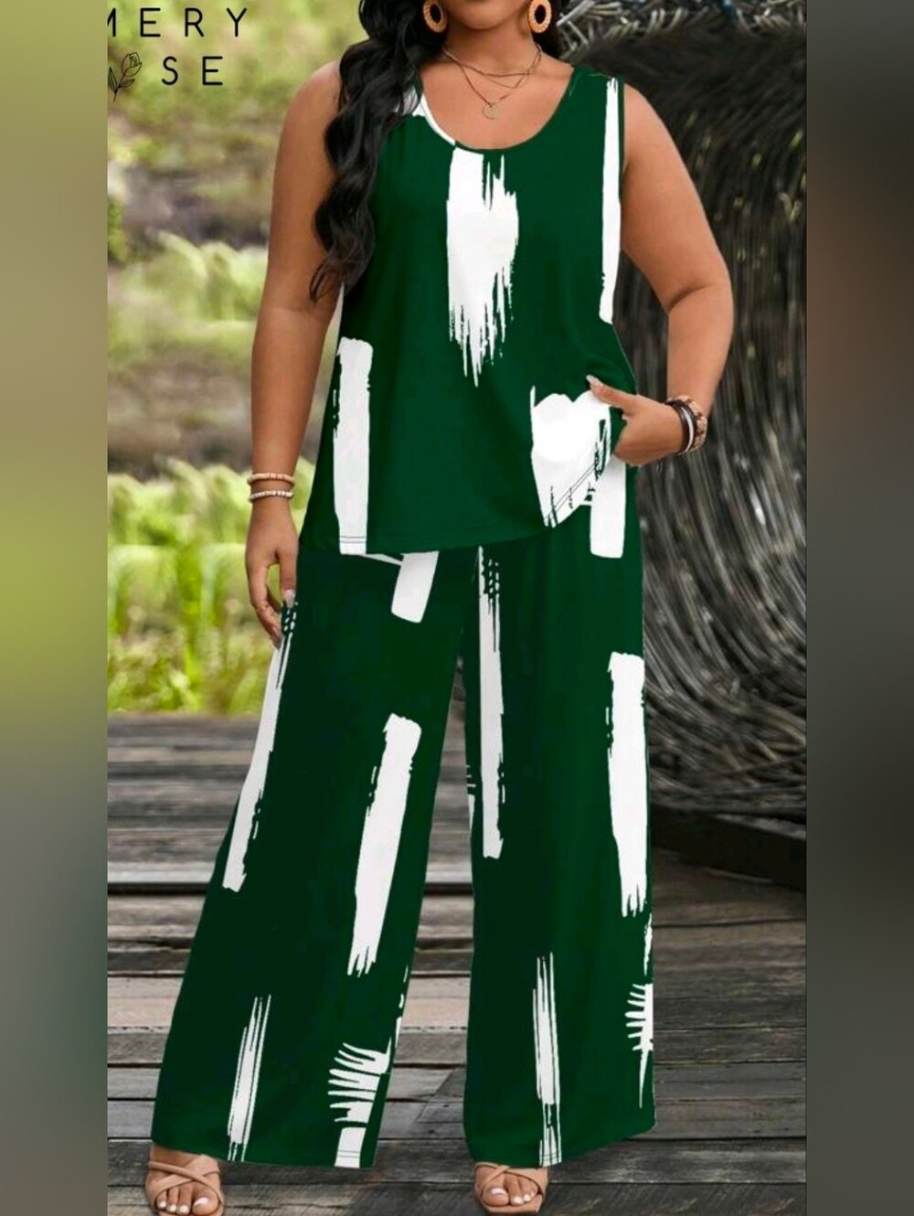 Plus Size Green Brushstroke Wide-Leg Pantsuit